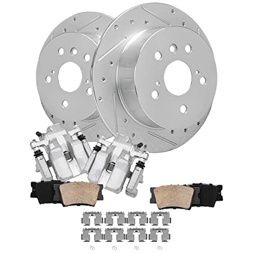 Image of Detroit Axle - Rear Drilled & Slotted Rotors + Calipers + Brake Pads | Replacement for 2013-2017 Toyota Camry Avalon Lexus ES350 ES300h - 6pc Set