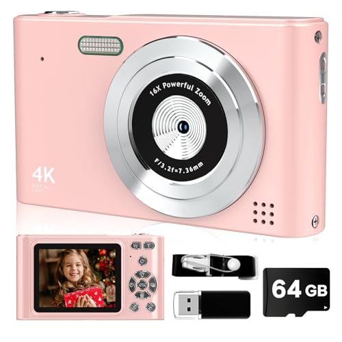 Digital Camera, 44MP Full HD 1080P Point and Shoot Camera with 64GB Card, Anti Shake 16X Zoom Compact Volg Cameras, Portable Small Digicam Gift for Kids, Ages Teen Girl Boy - Pink