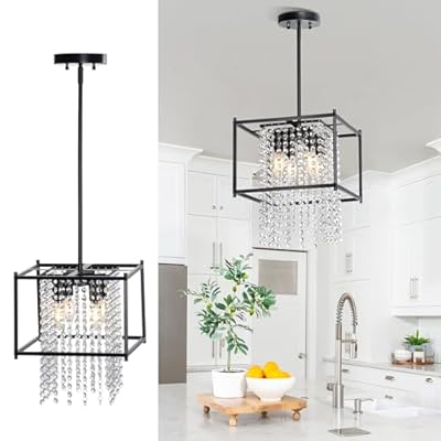 YITAHOME Crystal Square Chandeliers, Modern Adjustable Island Pendant Light Fixtures for Dining Room, Kitchen, Living Room, Entryway, UL Listed, Black