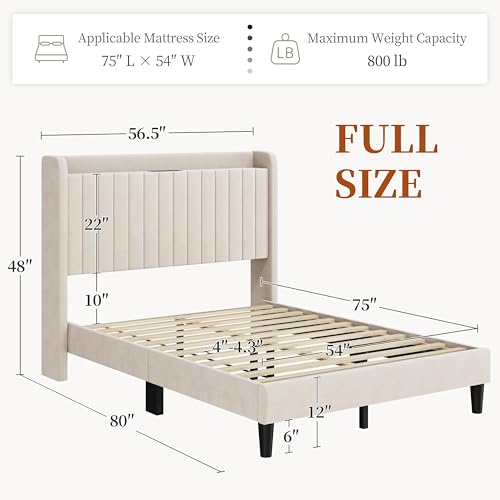 Yaheetech Full Size Bed Frame with USB Charging Station and Storage Shelf/Upholstered Headboard Platform Bed with Wing Side/Wooden Slats Support/Noise Free/No Box Spring Needed/Easy Assembly, Beige - Image 3