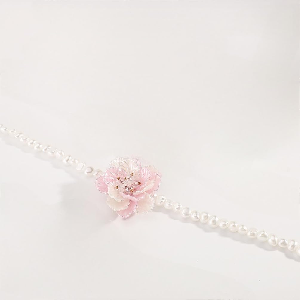 Delicate Large White Shell Pearl Flower Choker Necklace for Women, Trendy Colorful Floral Zircon Beaded Pearls Chain Necklaces Boho Party Prom Jewelry - Image 7