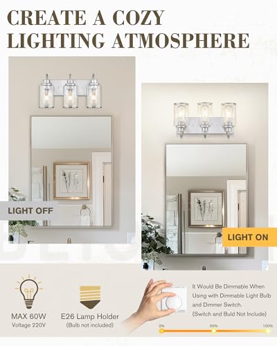 Image of Beionxii 3-Light Bathroom Light Fixtures, Brushed Nickel Bathroom Light Fixtures Over Mirror, Bathroom Vanity Light with Clear Glass Shade, Modern Vanity Lighting for LivingRoom Hallway, BX-VL01BN-3CG