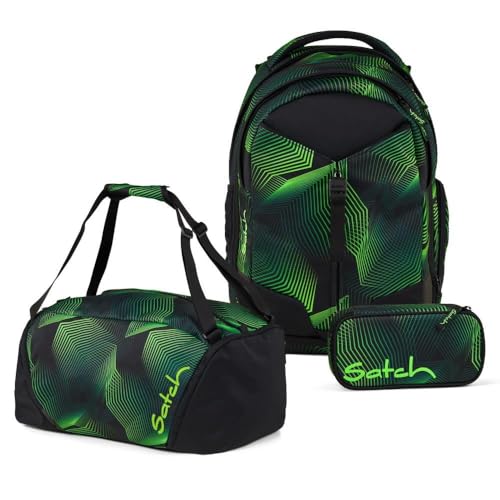 Satch Match Schulrucksack Set 3tlg. inkl. Schlamperbox und Sporttasche (Seismic Green)