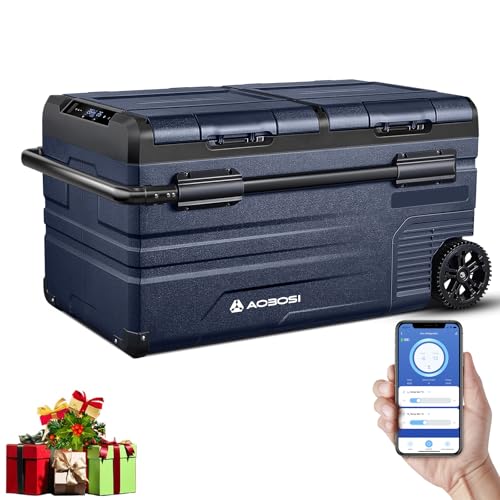 AAOBOSI 75L Nevera 12V Compresor, Nevera Portatil Doble Zona Con Conexión APP y Puerto USB, 12/24V DC y 100-240V AC Nevera de Coche, para Hogar, Camping, Coche, Barco y Autocaravana, 20°C a -20°C