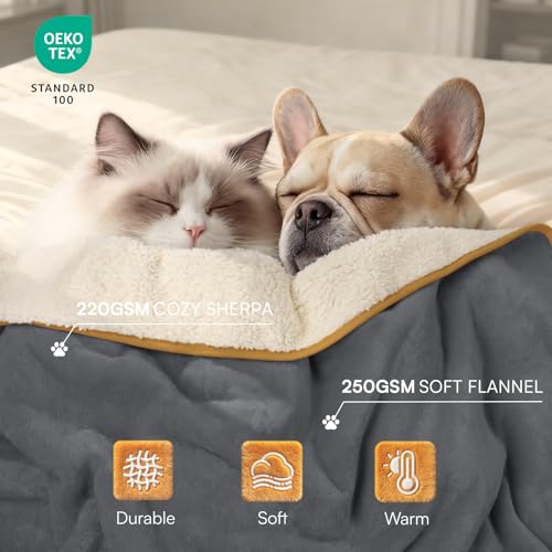 Image of Waterproof Pet Blanket, Liquid Pee Proof Dog Blanket for Sofa Bed Couch, Reversible Sherpa Fleece Furniture Protector Cover for Small Medium Large Dogs Cats, Grey+Beige X-Large(85 inch x 57 inch)