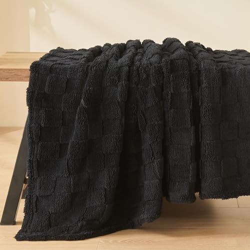 Image of NEWCOSPLAY Super Soft Throw Blanket Black Premium Silky Flannel Fleece 3D Checkered Lightweight Bed Blanket All Season Use (Black Checkered, Throw(40"x50"))