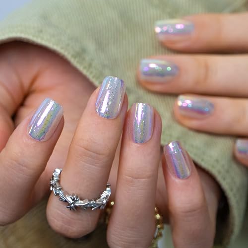 Image of CurvLife Soft Gel Squoval Press-On Nails Short, Reusable Fake Nails with Glue & Adhesive Tabs, 30PCS Salon-Quality Stick-On Nails for At-Home Manicure (Fairy Frost)