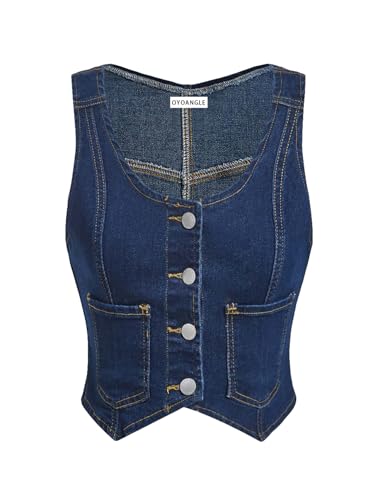 OYOANGLE Women's Button Front Denim Vest Tank Top Scoop Neck Sleeveless Jean Waistcoat