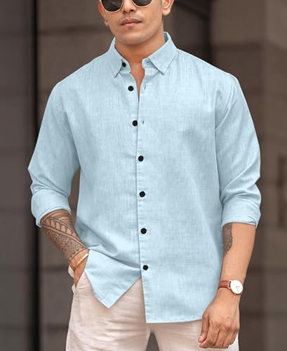 Image of Men's Solid Linen Blend Cotton Shirt | Full Sleeve Plain Shirt for Men | Regular Fit Casual & Formal Wear