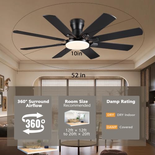Image of JSAITEE Ceiling Fans with Lights, 52 Inch Low Profile Ceiling Fan | Ceiling Fan with Light Flush Mount, DC Reversible Motor, Noiseless, Black 6 Speeds Ceiling Fan for Bedroom