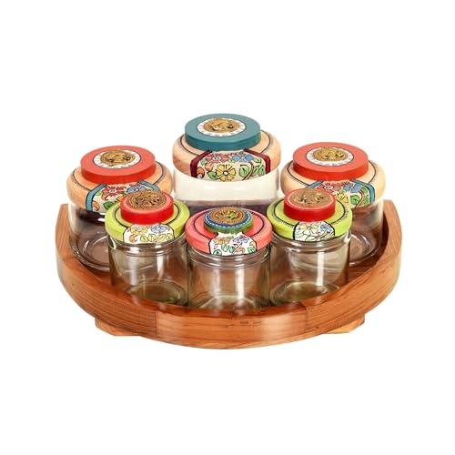 Image of AAKRITI ART CREATIONS Rainbow Pickle Jars with Handcrafted Wood Lids in Round Tray | Warli Art Colorful Glass Jar Set for Kitchen and Dining | Glossy Finish Airtight Storage Jars