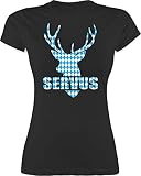 Kompatibel mit Oktoberfest Damen Trachtenshirt - Servus - Hirsch mit bayrischem Muster - L - Schwarz - Damen Tshirt servus - L191 - Tailliertes Tshirt für Damen und Frauen T-Shirt