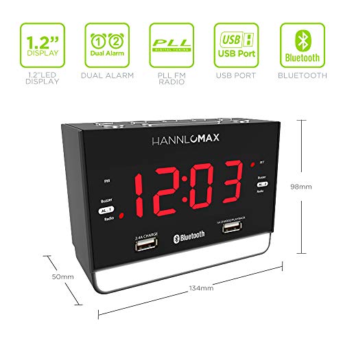 Hannlomax Hx-131Cr Alarm Clock Radio. Pll Fm Radio, 1.2" Red Led Display, Bluetooth, Usb Ports For 2.4A & 1A Charging/Mp3 Playback, Night Light. #TOP2