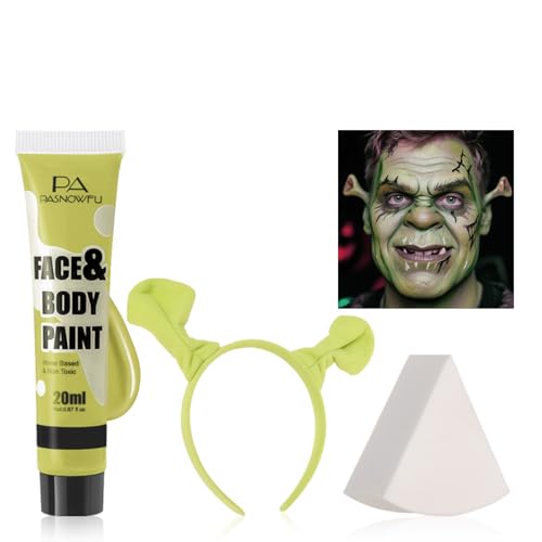 PASNOWFU Halloween Makeup Kit for Shrek Water-Based Non-Toxic Face Paint Set with Headband Ogre Green Face Paint for Halloween Cosplay SFX Makeup Costume Parties Theatre Stage Shows