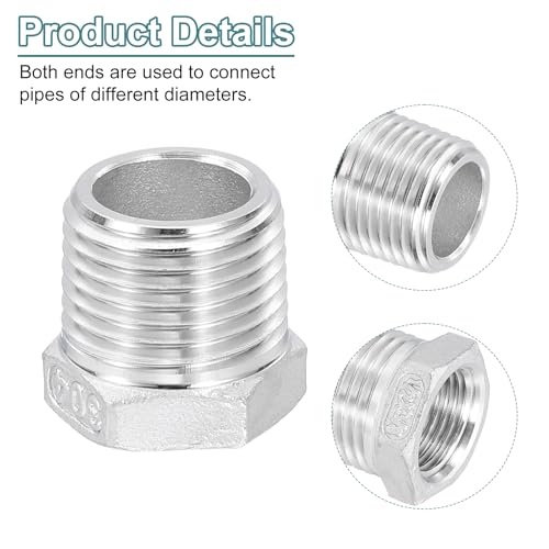 Image of uxcell 3Pcs 1 /2 inch Male to 3 /8 inch Female NPT 304 Stainless Steel Reducer Hex Bushing, Reducing Cast Pipe Adapter Fitting for industrial, oil /gas, water, HVAC, and plumbing systems