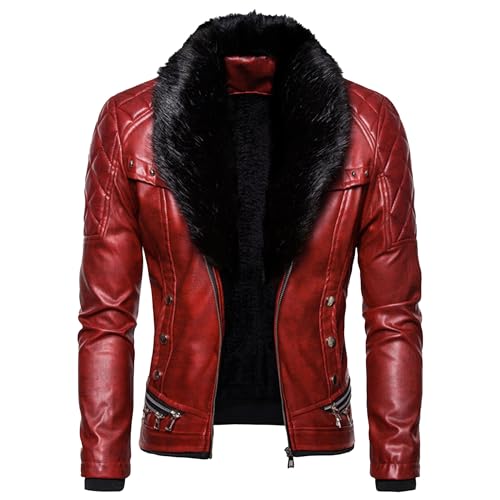 Men's Detachable Fur Collar Leather Jacket Zipper Vintage Pocket Punk Retro Coat Slim Motorcycle Bomber PU Jackets