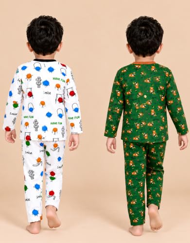 Image of 3BROS Kids Pure Cotton Night Suit Set | Boys Girls Printed Sleepwear Shirt & Pajama Clothing Combo | Soft Breathable Night Dress Outfit | Pack of 2
