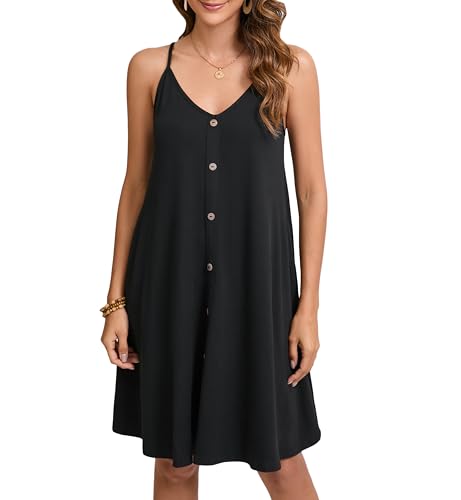 Enmain Schwarz Sommerkleid Damen Strandkleider Spaghettiträger V-Ausschnitt Knielang Ärmellos Freizeitkleid Midikleid Mit Taschen M