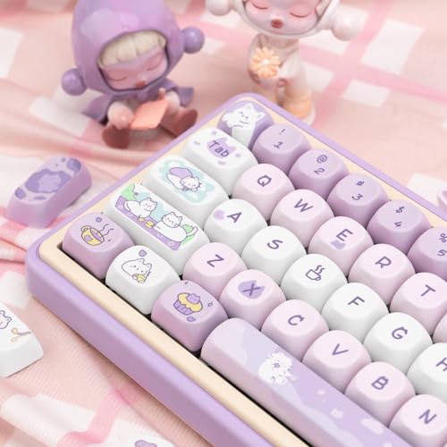 Image of PBT Keycaps, MOA Profile Keycaps 132 Keys Dye Sublimation Purple Cute Cat Customized Keycap Set for ANSI Layout Cherry MX Switches Mechanical Keyboards