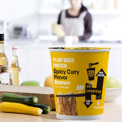 Image of Hethstia Protein Ramen Cup, Spicy Curry Flavor, 32g Plant Protein, 6 Pack | Vegan, Non-Fried Instant High-Protein Noodle Broth, Low Fat, Ready in Minutes Pre-Packaged Ramen Soup Cup