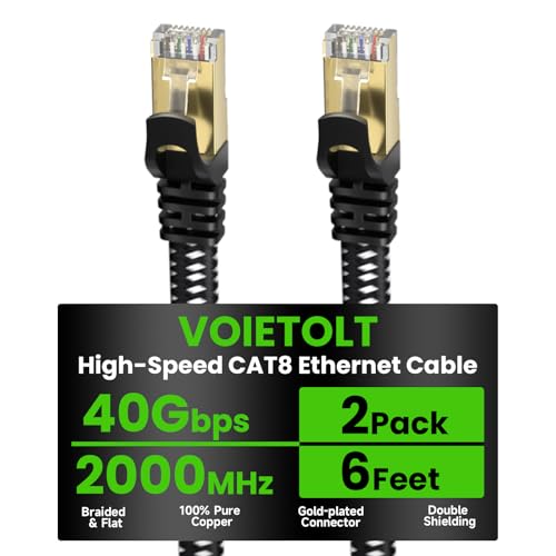 Cat 8 Ethernet Cable Flat 6 FT 2Pack, High Speed 40Gbps 2000Mhz Braided Internet Cable with Gold Plated RJ45 Network LAN Cable SSTP, Ethernet Cord Compatible for PS4/5, for Modems, PC/Laptop