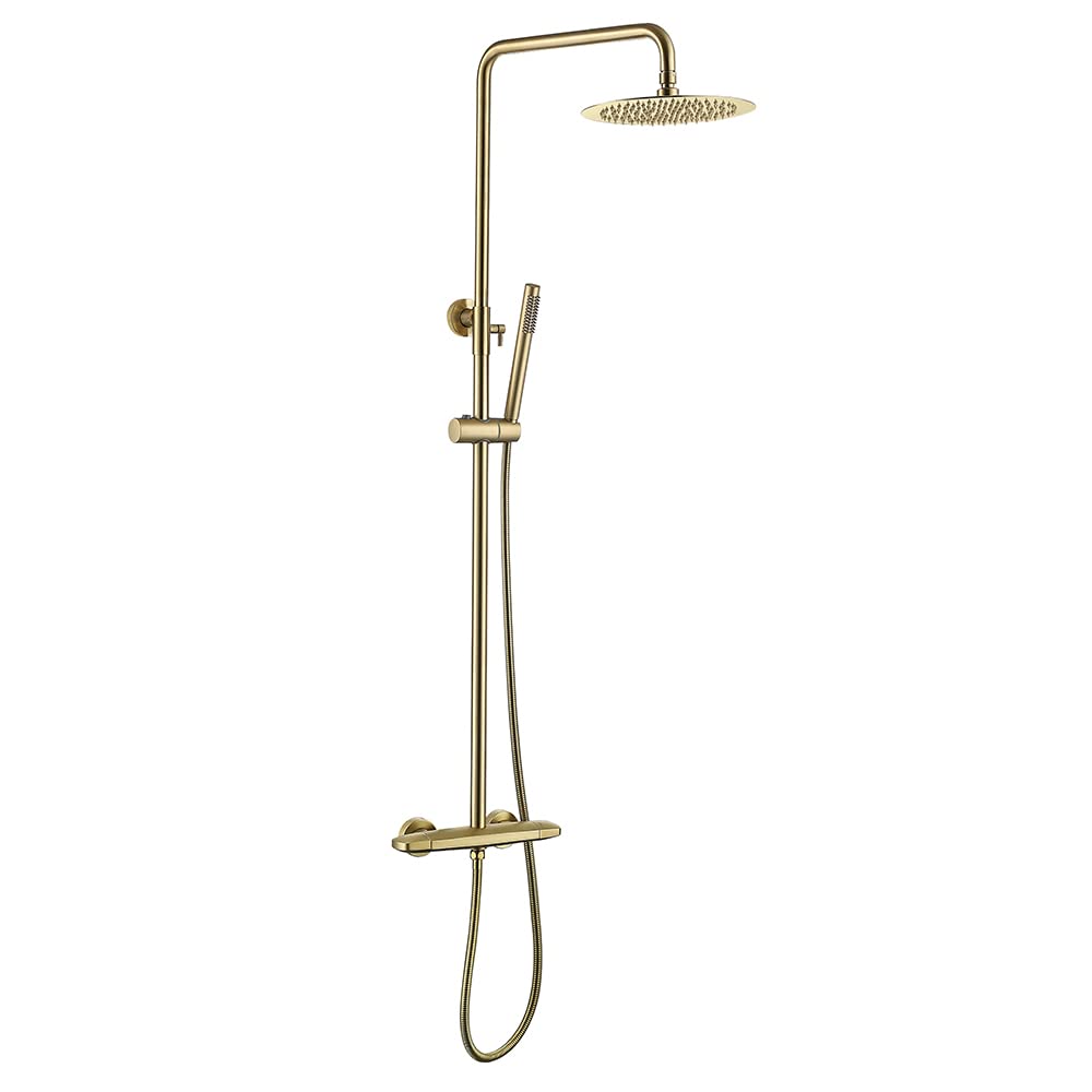 NGDFGR Wall Mounted Shower Column Set, 10" Rainfall Shower Head Exposed Thermostatic Shower, 2-Functional Shower Fixtures With Brass Valve, Height Adjustable With Hand Shower,Br,Brushed Gold