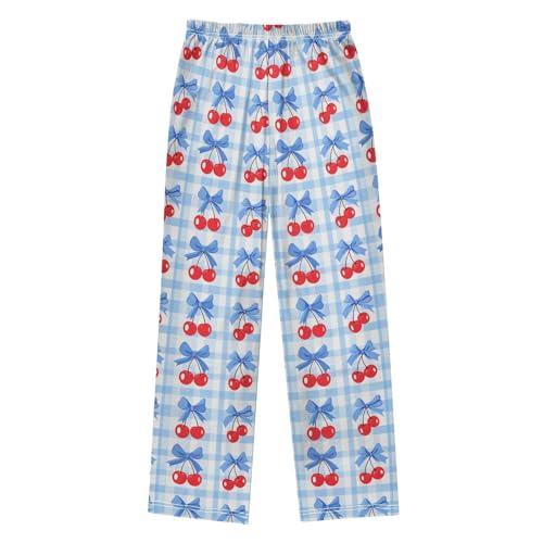 Pajama Pants Sleep Pants Soft Elastic Waist Pajama Lounge Pants Cherry Blue Bow Grid for 6-14 Years Old2