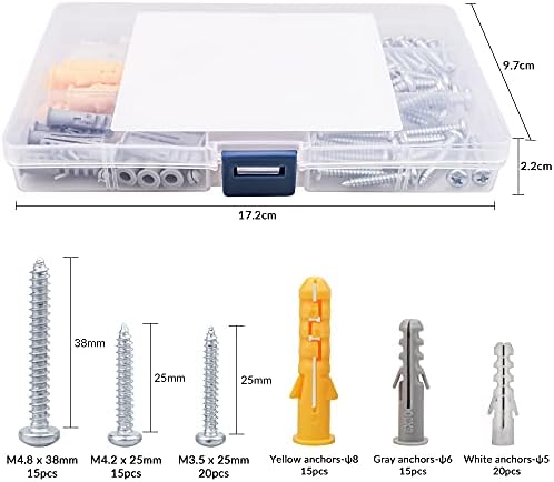 100pcs Screws and Wall Plugs Set Zinc Plated Drywall Screws, Pan Head Self Tapping Wood Screw Kit with Ribbed Anchors
