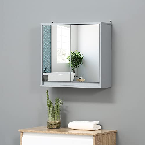 HOMCOM Armario de Baño con Espejo con 2 Puertas y Estante Ajustable Mueble Colgante de Baño para Aseo Estilo Moderno 48x14,5x45 cm Gris - imagen 3