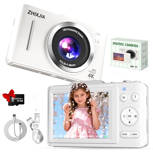 Image of Digital Camera, Autofocus 4K Point and Shoot Digital Cameras with 16X Zoom Anti Shake, 48 MP Cameras for Photography with 64GB Card, Compact Portable Small Camera for Kids Girls Boys Beginners, White