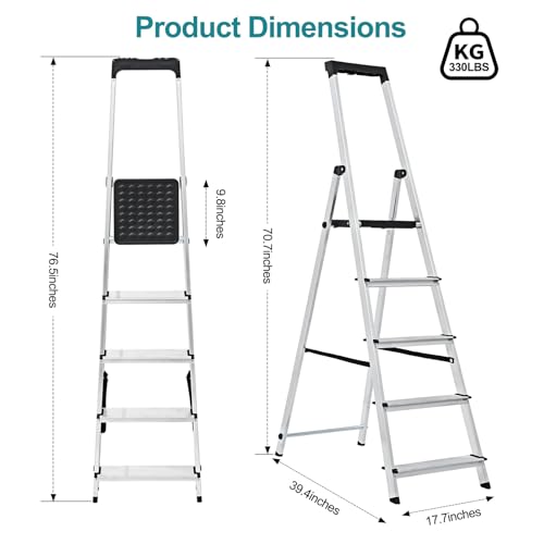 OLIXIS 5 Step Ladder, 330lbs Folding Step Stool with Anti-Slip Wide Pedal Handrails, Aluminum Stool Ladders, Safety Household Ladder for Home Kitchen Courtyard Outdoor by OLIXIS - Image 7