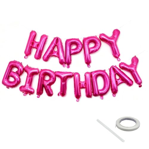 Image of Hot Pink Happy Birthday Balloon Banner Kit - 16 Inch Foil Letters Balloons Hot Pink Birthday Decor for Men, Women Adults,Reusable Mylar Balloons,Birthday Party Sign, Birthday Decorations Supplies
