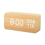 TISSA Wooden LED Alarm Clock, Wood Cube Digital Desk Alarm Clock with 3 Brightness Adjustable, 3 Set of Alarm, Dual Power, Voice Control, Time/Week/Date/Temperature/Humidity Displaying