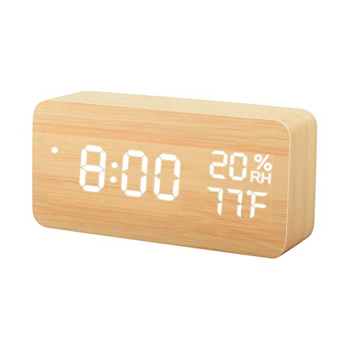 TISSA Wooden LED Alarm Clock, Wood Cube Digital Desk Alarm Clock with 3 Brightness Adjustable, 3 Set of Alarm, Dual Power, Voice Control, Time/Week/Date/Temperature/Humidity Displaying