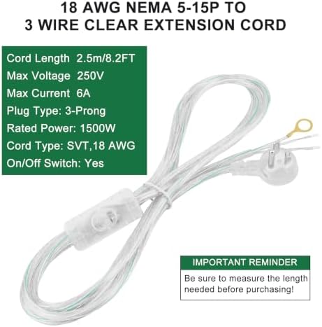 RTNLIT 3 Prong Clear Extension Cord Indoor with Switch and Flat Plug, 8FT