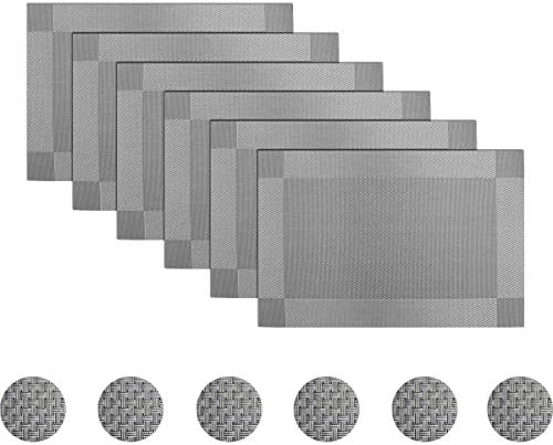 pigchcy Grey Elegant Placemats and Table Runner Set Vinyl Washable Placemats for Dining Table Set of 6 (45 x 30 cm + 45 x 180 cm)