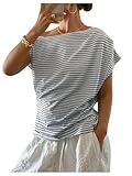 SOLY HUX Women’s Striped Shirt Short Sleeve Off The Shoulder Tee Asymmetrical Summer Top Blue and White Medium
