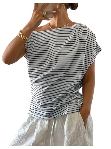 SOLY HUX Women’s Striped Shirt Short Sleeve Off The Shoulder Tee Asymmetrical Summer Top Blue and White X-Large