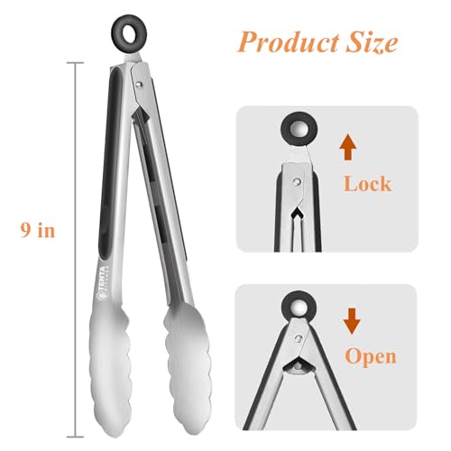 Tongs for Cooking, 9-Inch Stainless Steel Kitchen Tongs, Locking Metal Food Tongs with Silicone Non-Slip Grip, Kitchen Utensils for Food, Salad and Outdoor BBQ (Set of 4) by TENTA KITCHEN - Image 3