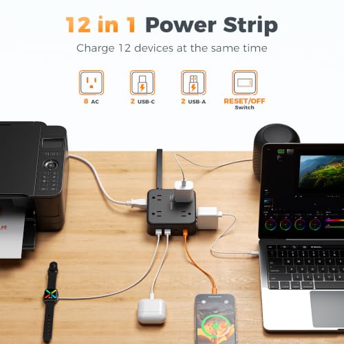 Image of TESSAN Dual Surge Protector Power Strip, 10 Ft Extension Cord Flat Plug