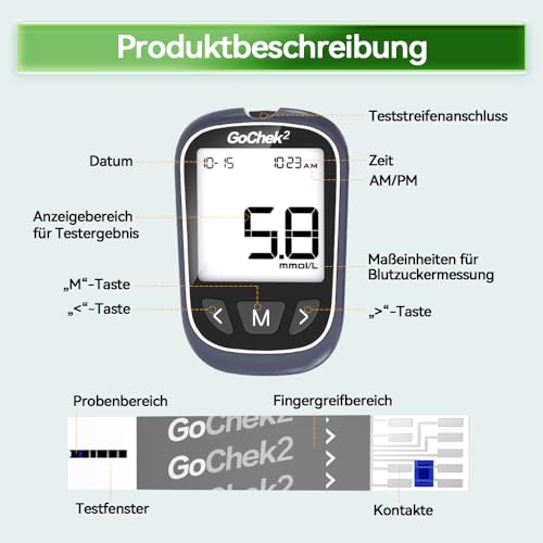 MicroTech Blutzucker-Messgerät Kit 50 Streifen & Lanzetten, ohne Codierung, 500 Speicher, breiterer HCT für die Familie (mmol)
