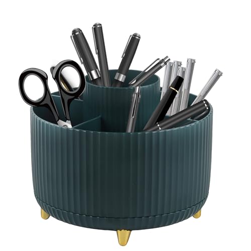 360° Rotating Desk Organiser Pen Holder for Desk, Rotating Makeup Organiser, Desk Tidy Organiser with 5 Compartment, Makeup Brush Holder, Stationary Pencil Holder for Home Office Desktop Organizer