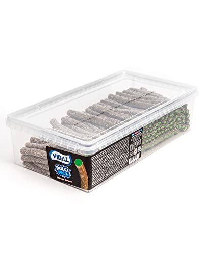 Vidal Golosinas Dulcipica Cola. Regaliz relleno con intenso sabor a cola y cubierto de pica. Color marrón y verde. Envase 200 unidades.