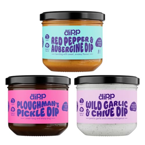Dipp Flavour Explorers Variety Pack of Dips, Case of 3 x 230ml Jars | Wild Garlic & Chive, Red Pepper & Aubergine and Ploughman's Pickle | Plant Based | Gluten Free | Flavours to Pair with Crisps
