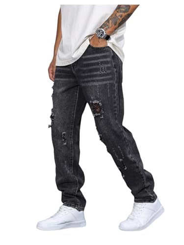 Verdusa Men's Vintage Distressed Ripped Jeans Straight Leg Denim Pants with Pockets Dark Grey Small
