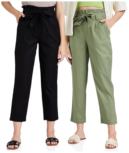 Image of Amazon Brand - Symbol Women's Tapered Paper Bag Trousers (High Rise Ankle Length | with Self Fabric Belt) (Available in Plus Sizes)