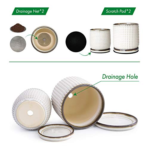 Set Of 2, 6 Inch & 4 Inch Ceramic Indoor Planter Pots With Drainage Hole And Saucer, Beaded Design Flower Pots, Smoked White, 27-H-K2-A-4 #TOP3