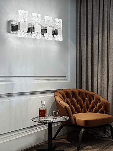 Modern LED Bathroom Vanity Light Fixtures Chrome Stainless Steel 4 Light Wall Sconces for Bathroom Lighting Fuxture Over Mirror 28 Inch 40w LED Crystal Wall Light Cool White 5800K