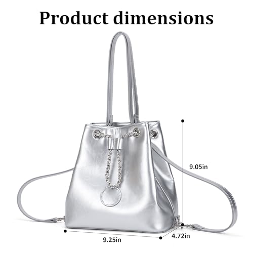Bolso pequeño de cuero estilo bucket plateado para mujer miniatura 3
