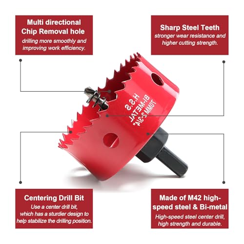 Image of 2-3 /4 Inch Hole Saw for Wood, 70mm HSS BI-Metal Hole Saw for Recessed Lighting, 30mm Cutting Depth Hole Cutter with Hex Shank Drill Bit Adapter for Cornhole Boards Plastic Drywall Fiberboard, Red
